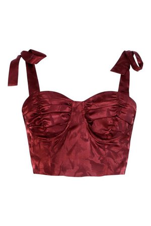 Satin Jacquard Ruched Cupped Corset Top | boohoo burgundy