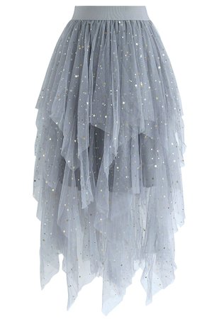 Shooting Stars Asymmetric Tiered Mesh Skirt in Blue - Retro, Indie and Unique Fashion