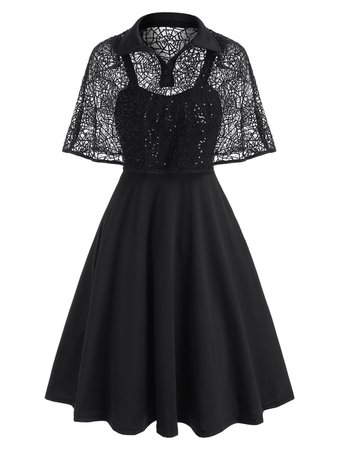[41% OFF] 2020 Halloween Spider Web Lace Sequined Cape Dress In BLACK | DressLily