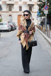 vintage Burberry wool shawl, Chanel medium classic flap bag black with gold hardware, how to wear leather Obi wrap belt, Milan Fashion Week AW16 street style - Meagan's Moda