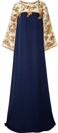 Embellished Tulle-trimmed Silk Gown - Navy