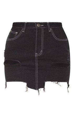 Black Contrast Stitch Distressed Denim Mini Skirt | PrettyLittleThing