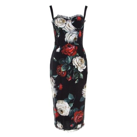 Dolce and Gabbana Black Floral Printed Bustier Midi Dress