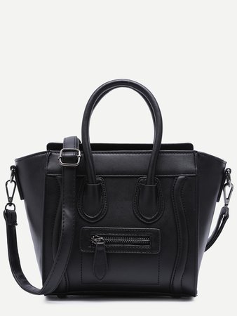 Black Zip Trim Faux Leather Handbag With Strap