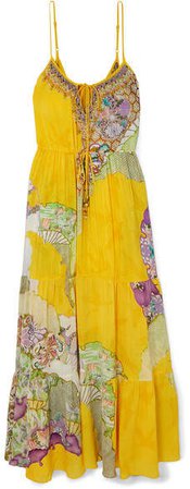 Tiered Embellished Printed Silk Crepe De Chine Maxi Dress - Bright yellow