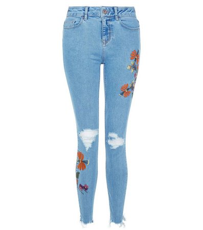 Blue Ripped Floral Embroidered Skinny Jenna Jeans | New Look