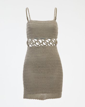Crochet Circle Cutout Detail Mini Dress in Brown | Glassons