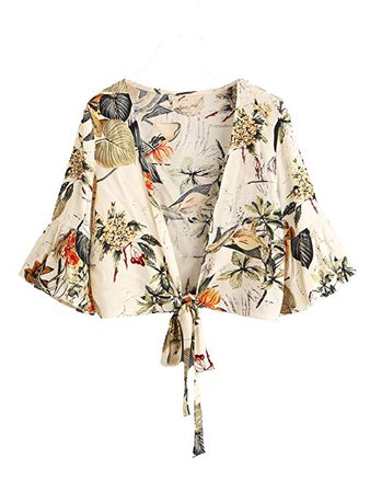 Floerns Women's Summer Printed V Neck Bow Tie Crop Top Blouse Beige S at Amazon Women’s Clothing store