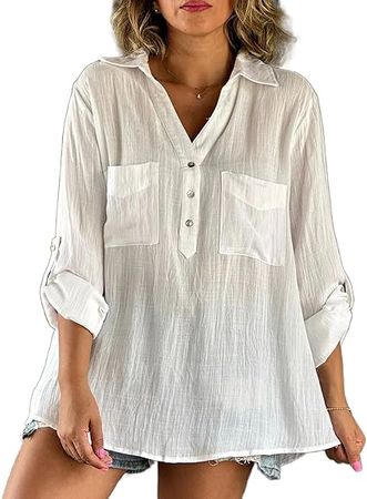 Womens Cotton Linen Shirts Casual Button V Neck Roll Up Cuffed Long Sleeve Blouse Tops with Pockets at Amazon Women’s Clothing store