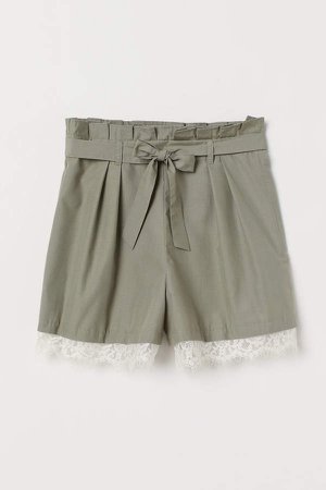 Paper-bag Shorts with Tie Belt - Green