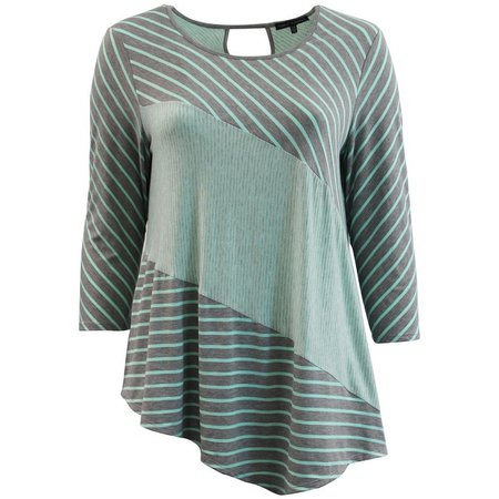 Shop Women - Plus Size Thick Thin Asymmetrical Stripes Keyhole Fashion Blouse Knit Top Grey Green - Overstock - 17754926