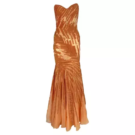F/W 2002 Atelier Versace by Donatella Couture Sheer Orange Sequin Strapless Gown For Sale at 1stDibs