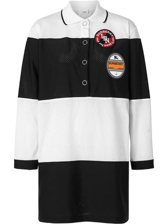 BURBERRY Logo Graphic Striped Mesh Polo Shirt Dress
