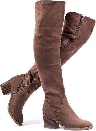 Amazon.com | katliu Women's Knee High Boots Suede Chunky Heel Side Zipper Fashion Boots Stretch Winter Long Boot | Over-the-Knee