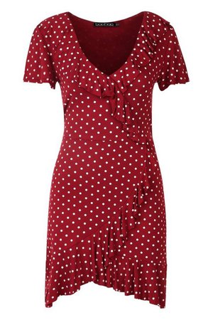 Polka Dot Wrap Front Tea Dress | boohoo red