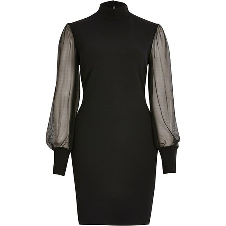 Black long mesh sleeve high neck mini dress | River Island