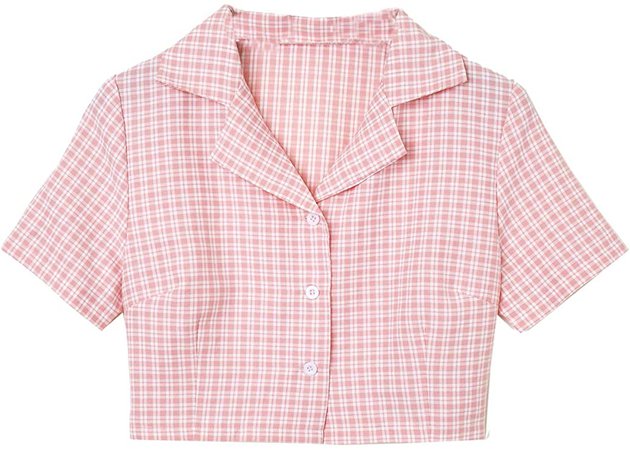 MakeMeChic Women's Plaid Print Button Down Short Sleeve Crop Top Blouse Shirts Pink M : Amazon.ca: Clothing, Shoes & Accessories