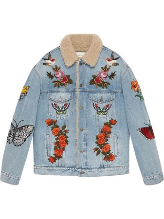 Gucci Embroidered Denim Jacket With Shearling Ss20 | Farfetch.com
