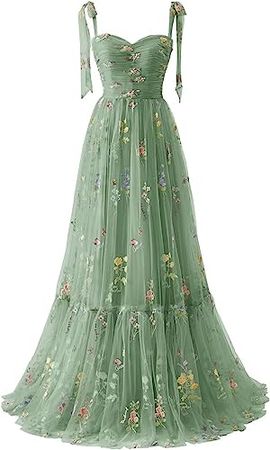 Amazon.com: Maxianever Puffy Sleeves Tulle Prom Dresses for Women Floor Length A Line Green Flower Embroidery Formal Evening Party Gowns US16 : Clothing, Shoes & Jewelry