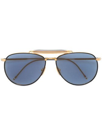 Thom Browne Eyewear Matte Navy & Yellow Gold Aviator Sunglasses