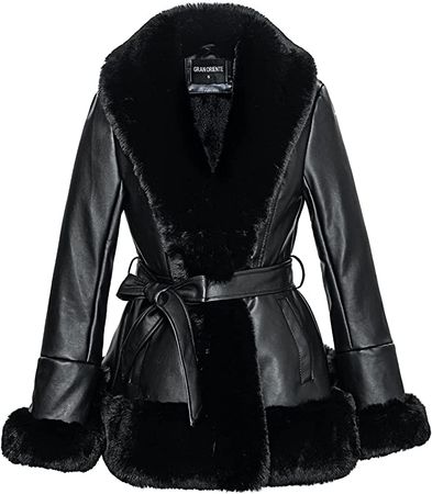 GRAN ORIENTE Women's Faux Leather Jacket with Faux Fur Collar Long Sleeve Parka with Pockets Warm Winter Parka Coat with Belt Plus Size Outerwear Black X-Large at Amazon Women's Coats Shop