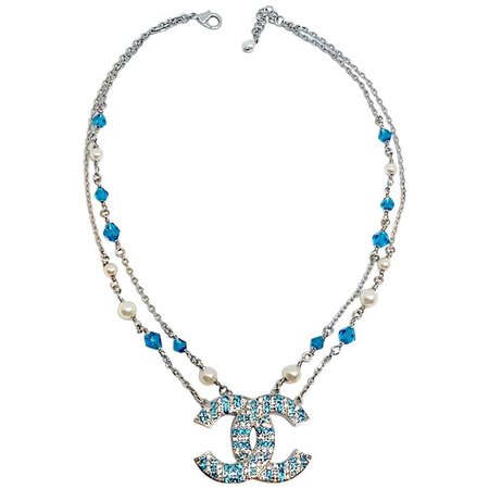 Chanel Blue and Clear Rhinestone CC Logo Necklace, 2019 Collection For Sale at 1stdibs