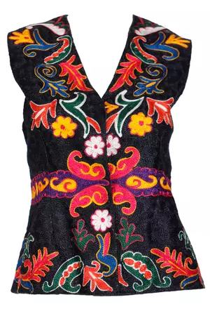 1970s Embroidered Black Vest w Colorful Hungarian Style Embroidery – Modig