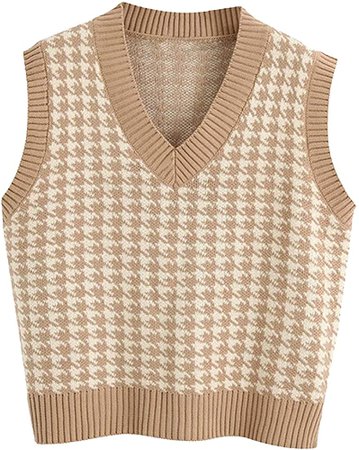 Women Oversized Houndstooth Sweater Vest Vintage Knitted V Neck Sleeveless Pullover Loose 90s Knitwear Tank Tops Khaki at Amazon Women’s Clothing store