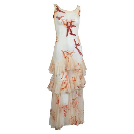 Nude Net and Panné Velvet Tiered Flock of Seagulls Ruffle Dress- XXS, Late 1920s For Sale at 1stDibs