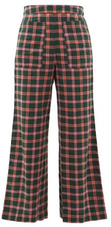 Laura Checked Cotton Wide Leg Trousers - Womens - Green Multi