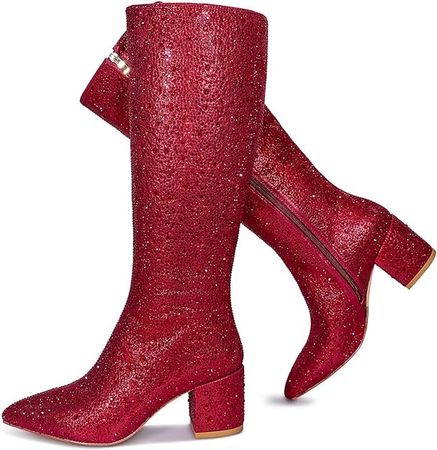 Amazon.com | wetkiss Rhinestone Boots for Women Knee High Boots Women Chunky Boots for Women Silver Boots Sparkly Boots for Women Pointed Toe Low Chunky Heel Boots for Women Zipper Glitter Boots Long Sequin Boots | Ankle & Bootie
