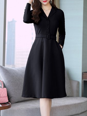 Contrast Solid Color Sashes V-Neck Long Sleeves Dresses with Free Shipping | jollyhers
