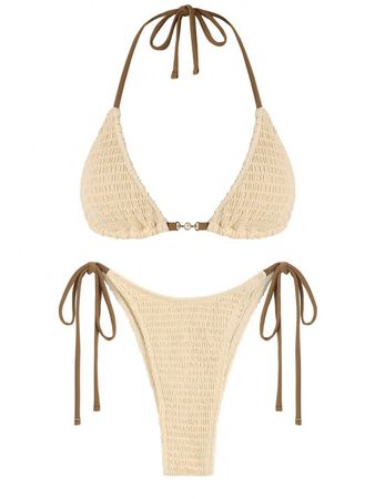ZAFUL Tie Side Metal Hardware Shirred Smocked String Triangle Bikini Swimwear In LIGHT COFFEE | ZAFUL 2023