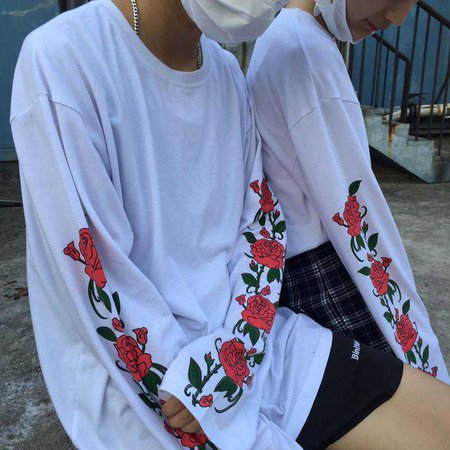 itGirl Shop | WHITE LONG SLEEVE ROSES FLOWERS PRINT OVERSIZED SWEATSHIRTS
