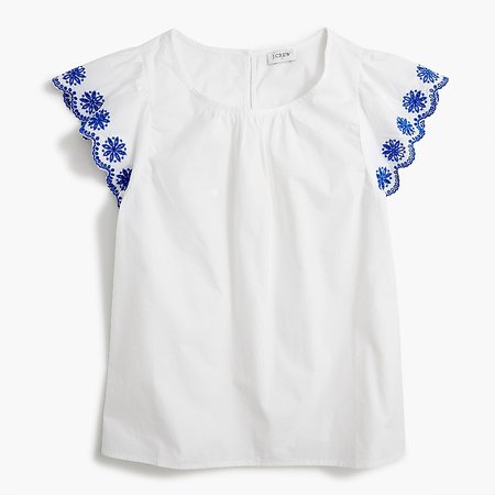 J.Crew Factory: Embroidered Flutter-sleeve Blouse In Stretch Cotton Poplin For Women