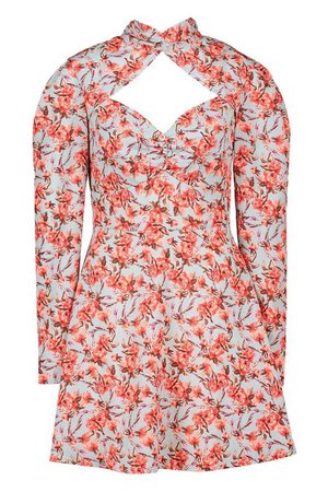 Floral Print Gather Detail Skater Dress | boohoo mint