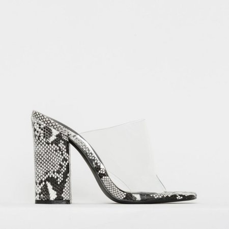 Clio Black and White Snake Print Clear Block Heel Mules