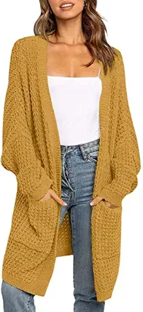 YIBOCK Womens Kimono Long Batwing Sleeve Open Front Chunky Cable Knit Cardigan Sweater with Pockets