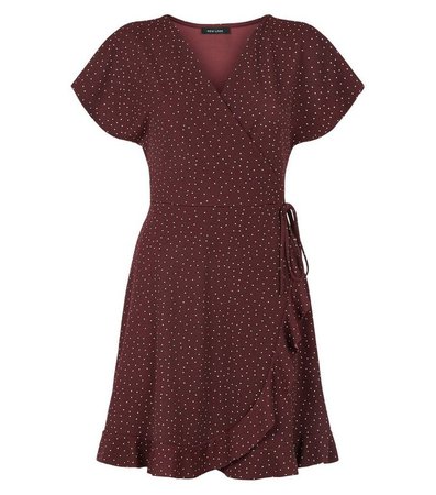 Red Spot Ruffle Trim Mini Wrap Dress | New Look