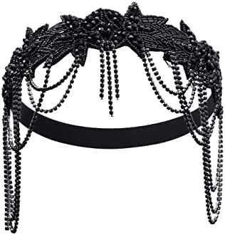 Amazon.com : BABEYOND 1920s Flapper Headpiece Headband Great Gatsby Chain Headband for Women (Black) : Beauty & Personal Care