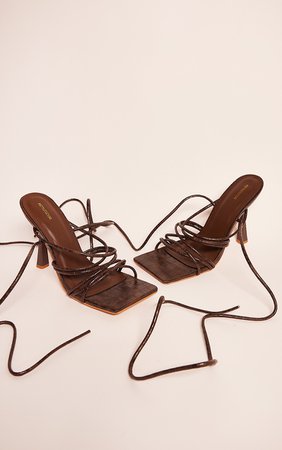 Chocolate Croc Strappy Twist High Heeled Sandals | PrettyLittleThing USA