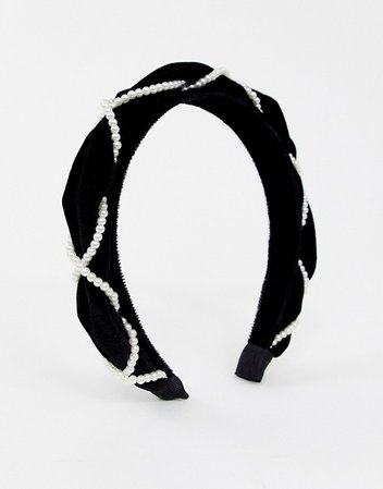 ASOS DESIGN velvet headband with pearl detail in black | ASOS