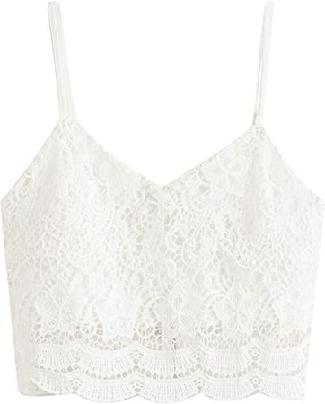 SheIn Women's Casual Lace Crochet Spaghetti Strap Zip Up Cami Crop Top Camisole at Amazon Women’s Clothing store