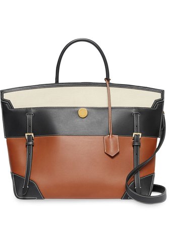 Burberry Tri-tone Leather And Canvas Society Top Handle Bag | Farfetch.com