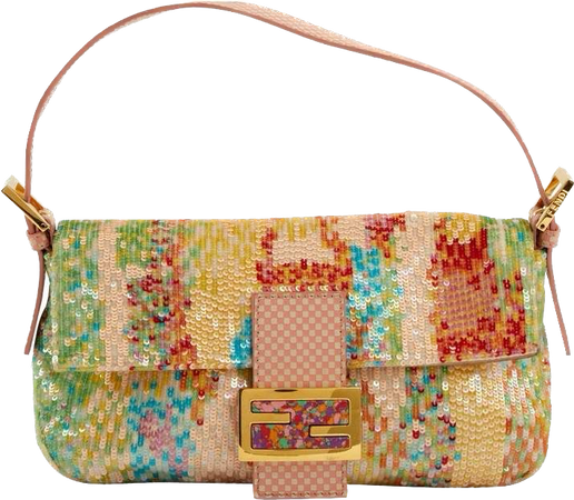 fendi pink check pattern leather-trimmed multicolor sequined baguette