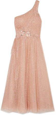 One-shoulder Appliquéd Glittered Tulle Gown - Pink