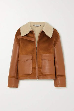 Faux Suede, Leather And Shearling Jacket - Brown