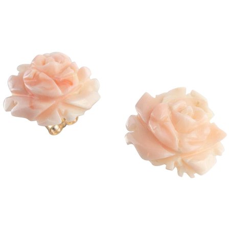 Gold Plate Natural Pink Coral Carved Rose Flower Stud Crafted Girl Boho Earrings For Sale at 1stDibs
