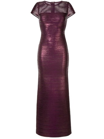 Shop purple Hervé Léger shimmer fitted gown with Express Delivery - Farfetch