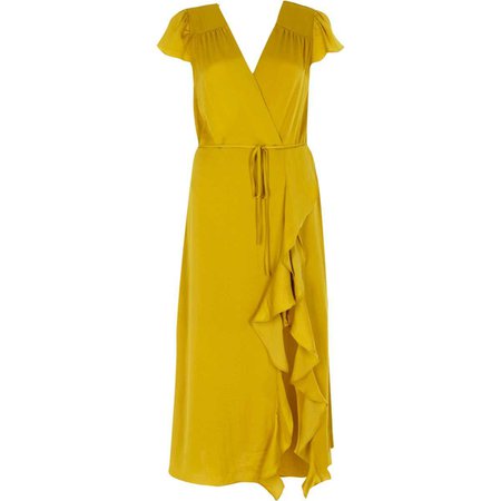 Yellow frill wrap front midi dress - Swing Dresses - Dresses - women